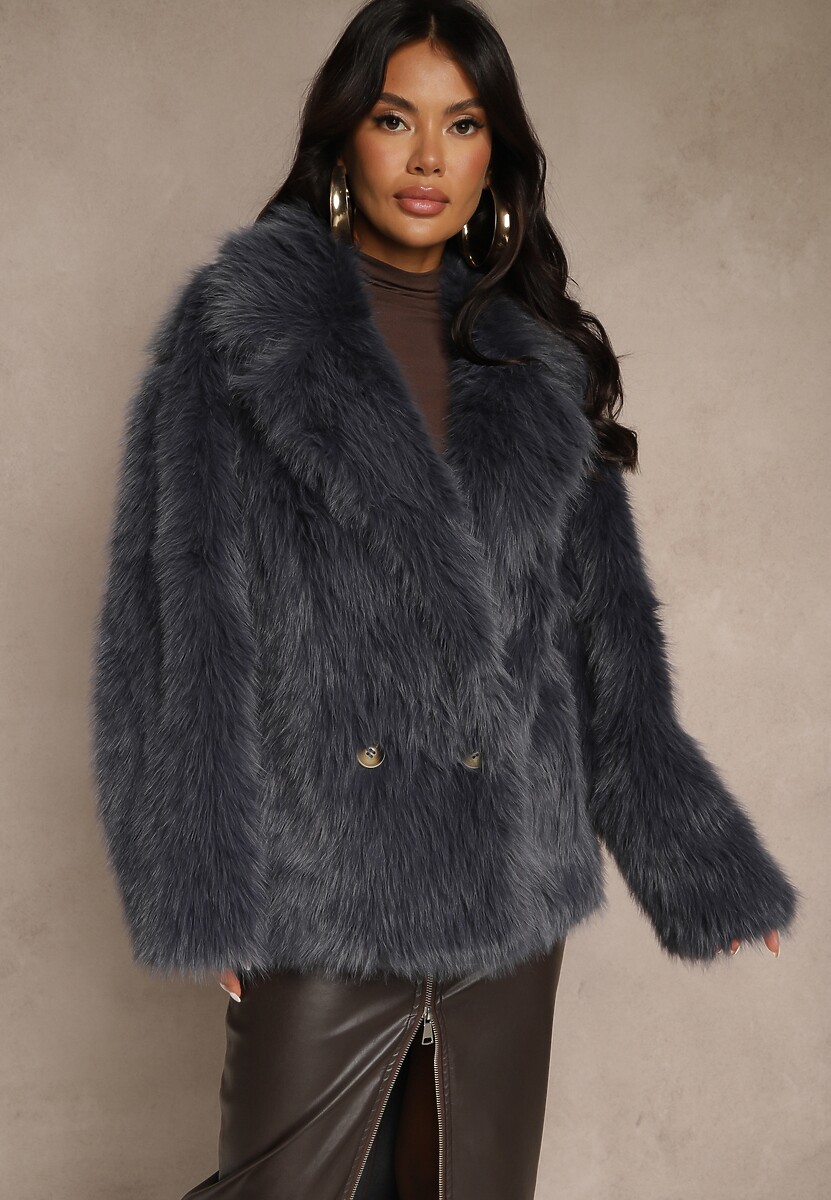 Granatowa Oversizowa Kurtka Futerko o Dwurzędowym Kroju Asonella