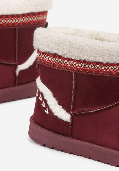 Bordowe Śniegowce o Wsuwanym Fasonie z Haftem i Futrem przy Cholewce Mevinadia