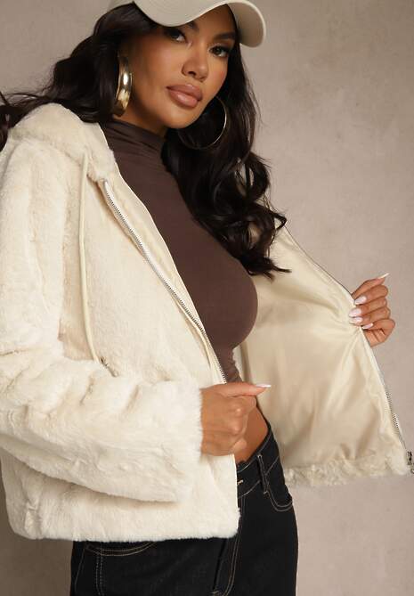 Beżowa Kurtka Futerko z Kapturem w Casualowym Stylu Nundrie