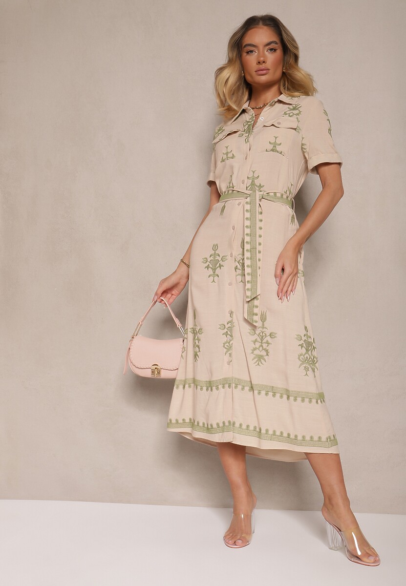 Beżowa Koszulowa Sukienka z Wiskozy Ozdobiona Paskiem i Haftem Divirea