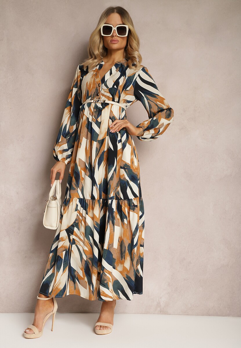 Beżowo-Zielona Rozkloszowana Sukienka o Koszulowym Fasonie w Abstrakcyjny Print Asequa