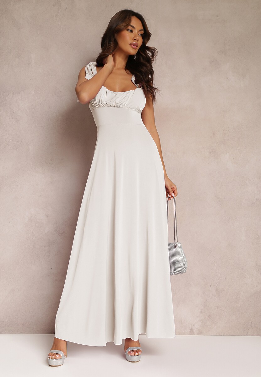 Jasnobeżowa Długa Sukienka z Marszczonym Dekoltem i Wiązanymi Ramiączkami Rozvita