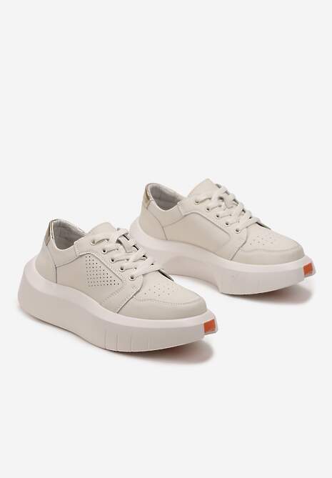 Beżowe Skórzane Sneakersy na Grubej Podeszwie przed Kostkę Olerassa