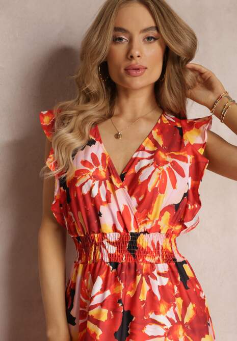 Czerwona Rozkloszowana Sukienka w Kwiaty z Gumką w Pasie Viente