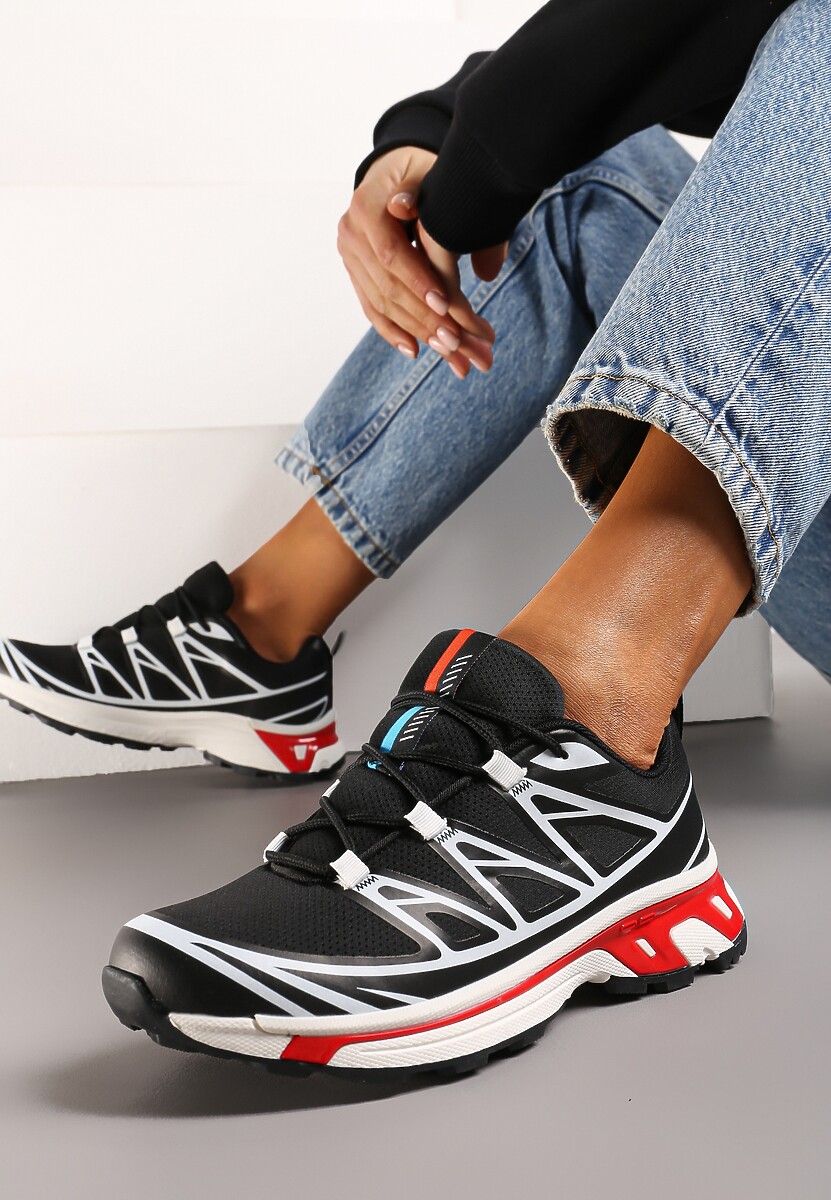 Czarno-Czerwone Sneakersy na Grubej Podeszwie ze Sznurowaniem i Ozdobnymi Gumowymi Elementami Tellgina