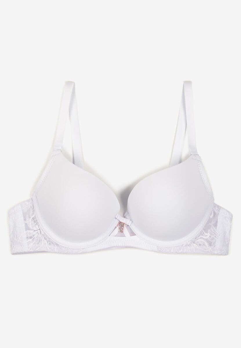 Biały Biustonosz z Efektem Push Up i Ozdobną Koronką Emithria