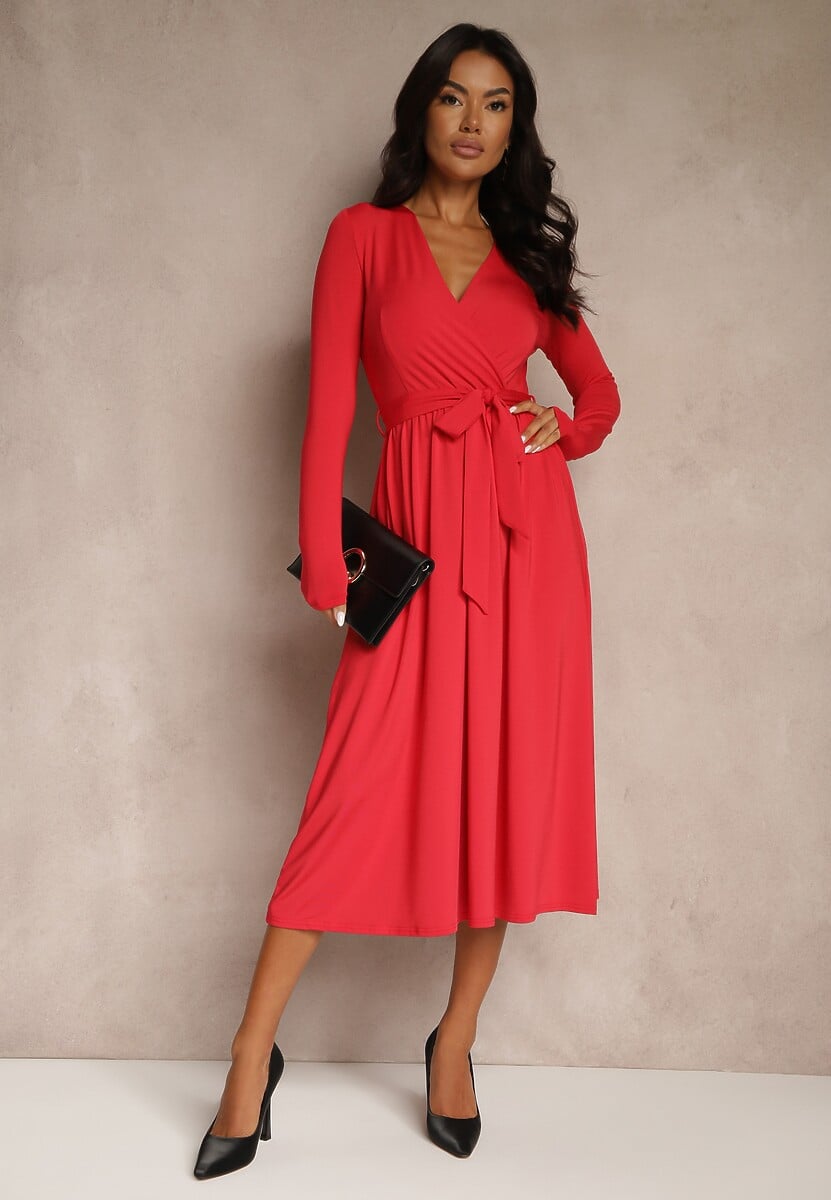 Czerwona Taliowana Sukienka z Paskiem z Domieszką Wiskozy Hrestalia