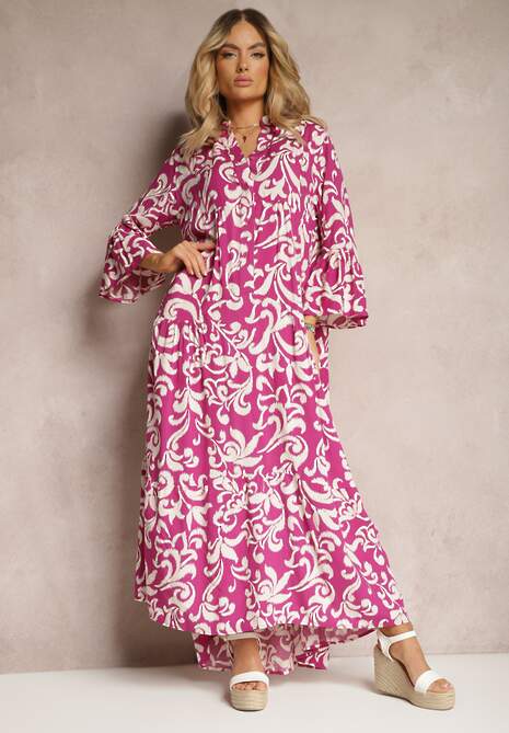 Fioletowa Rozkloszowana Sukienka z Wiskozy w Ornamentalny Wzór Irlilena
