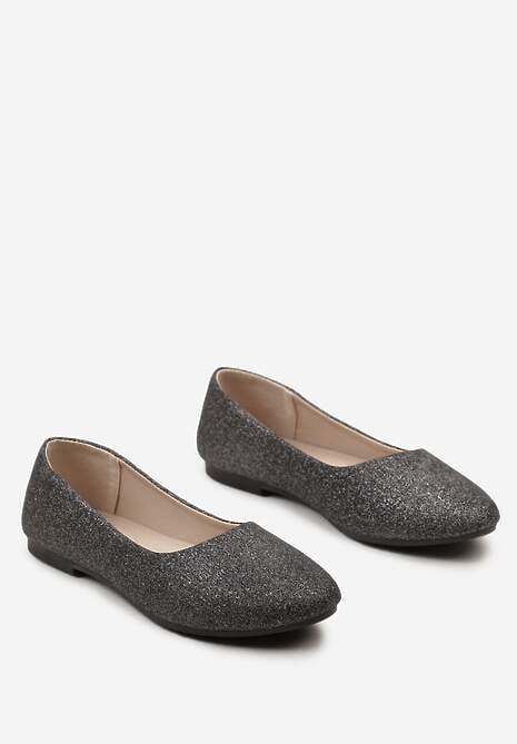 Czarne  Brokatowe Balerinki na Płaskiej Podeszwie Uarneli