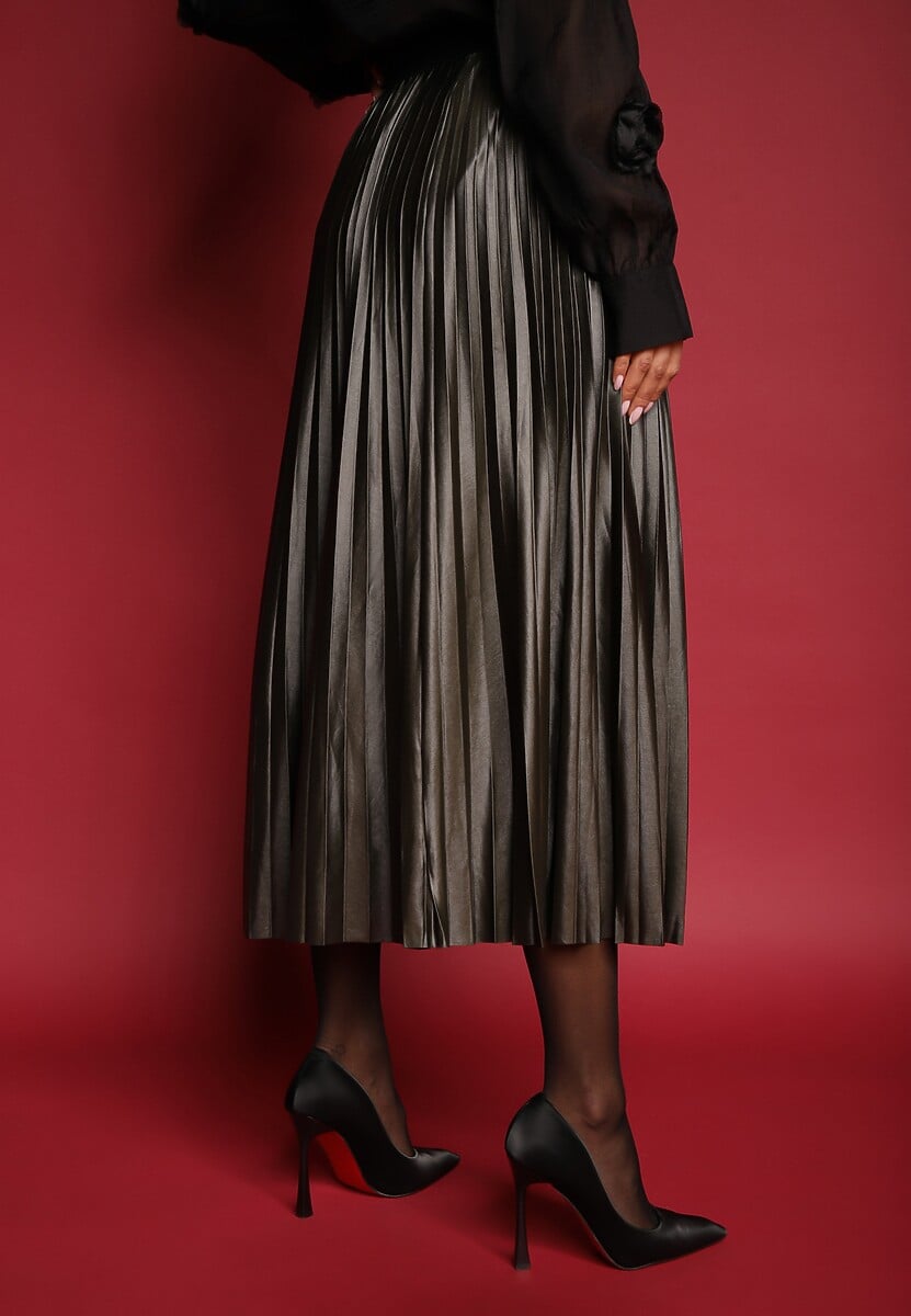 Ciemnozielona Plisowana Spódnica Rozkloszowana z Gumką w Talii Noriri