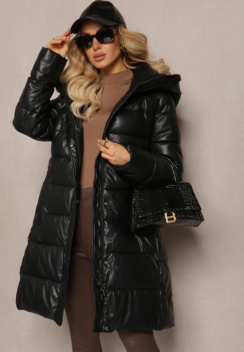 Czarna Wiskozowa Kurtka z Imitacji Skóry z Ozdobnym Pikowaniem z Paskiem i Kapturem Gersja