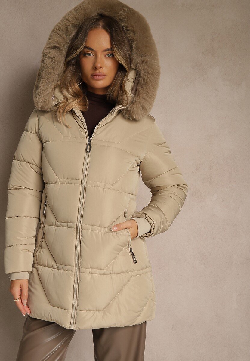 Ciemnobeżowa Kurtka z Pikowanymi Przeszyciami i Kapturem z Futrem Anindrie