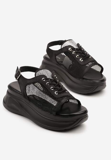 Czarne Sandały na Platformie w Stylu Sneakersów Peep Toe Sorezia