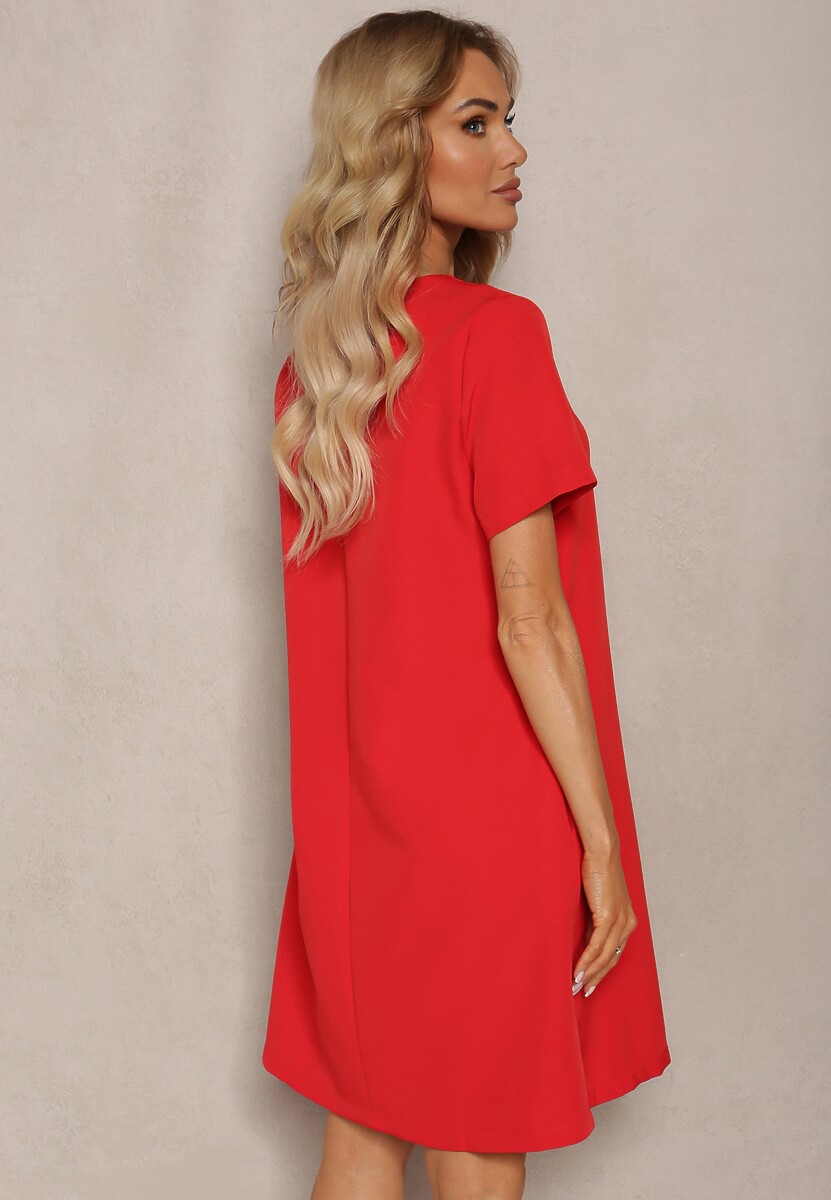 Czerwona Trapezowa Sukienka Mini z Krótkim Rękawem i Kieszeniami Vrea