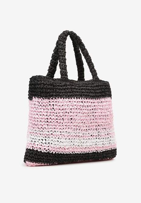 Różowo-Czarna Pleciona Torebka w Stylu Boho Ozdobiona Napisem Oegelia