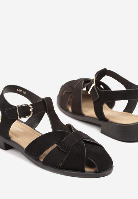 Czarne Sandały z Ekozamszu z Ozdobnymi Paskami i Zakrytym Noskiem Sorania
