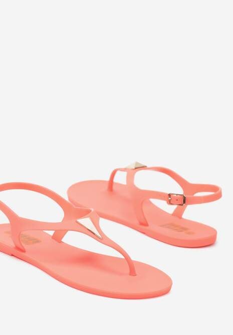 Pomarańczowe Płaskie Sandały w Stylu Japonek Zapinane na Sprzączkę z Aplikacją Abirena