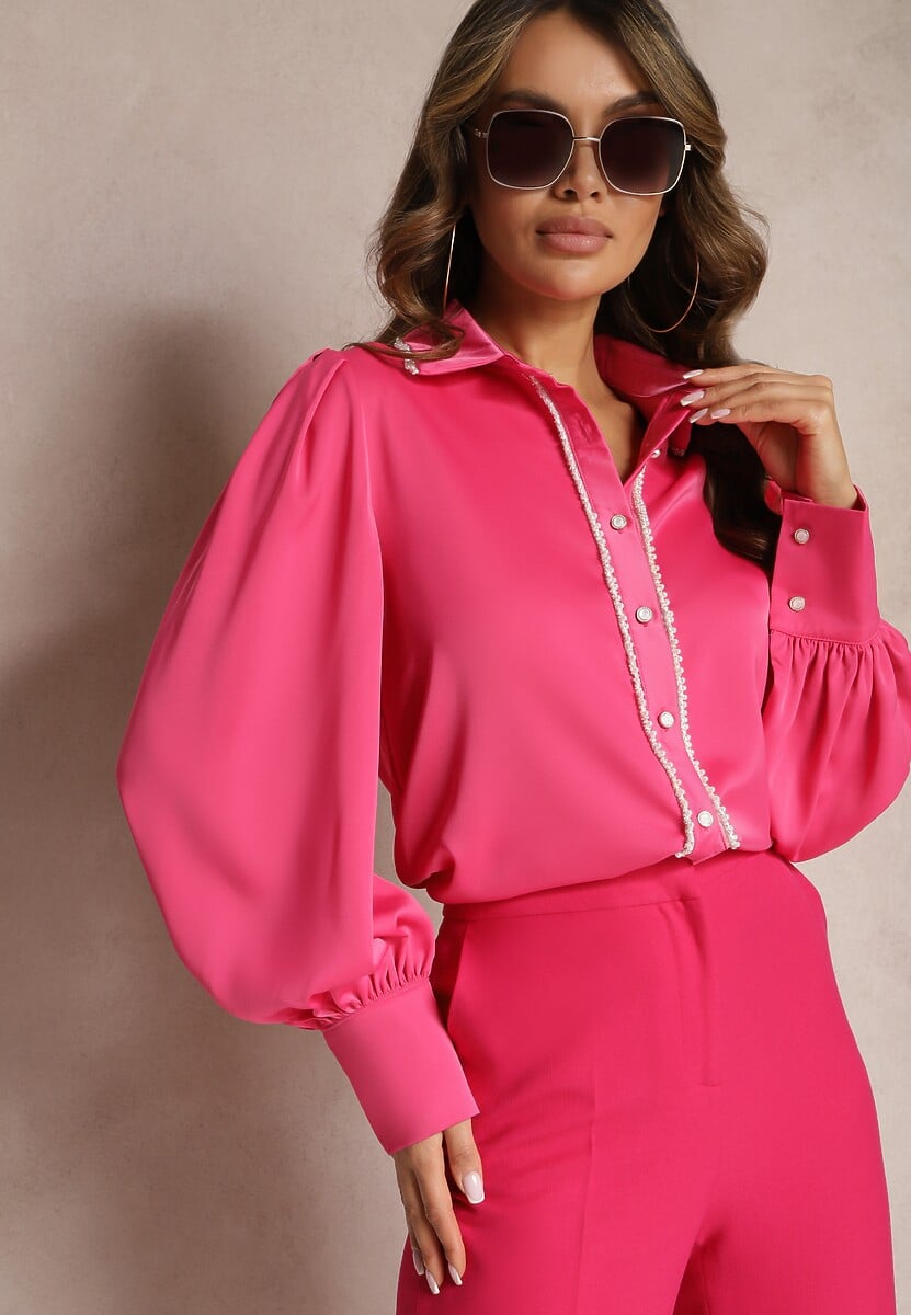 Fuksjowa Koszula z Długimi Bufiastymi Rękawami i Koralikami Zapinana na Guziki Quileth