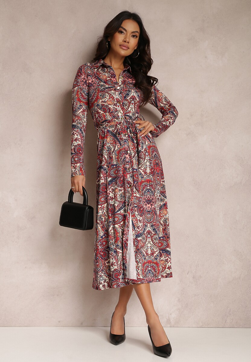 Czerwona Sukienka Koszulowa z Długim Rękawem i Wiązanym Paskiem Limiria