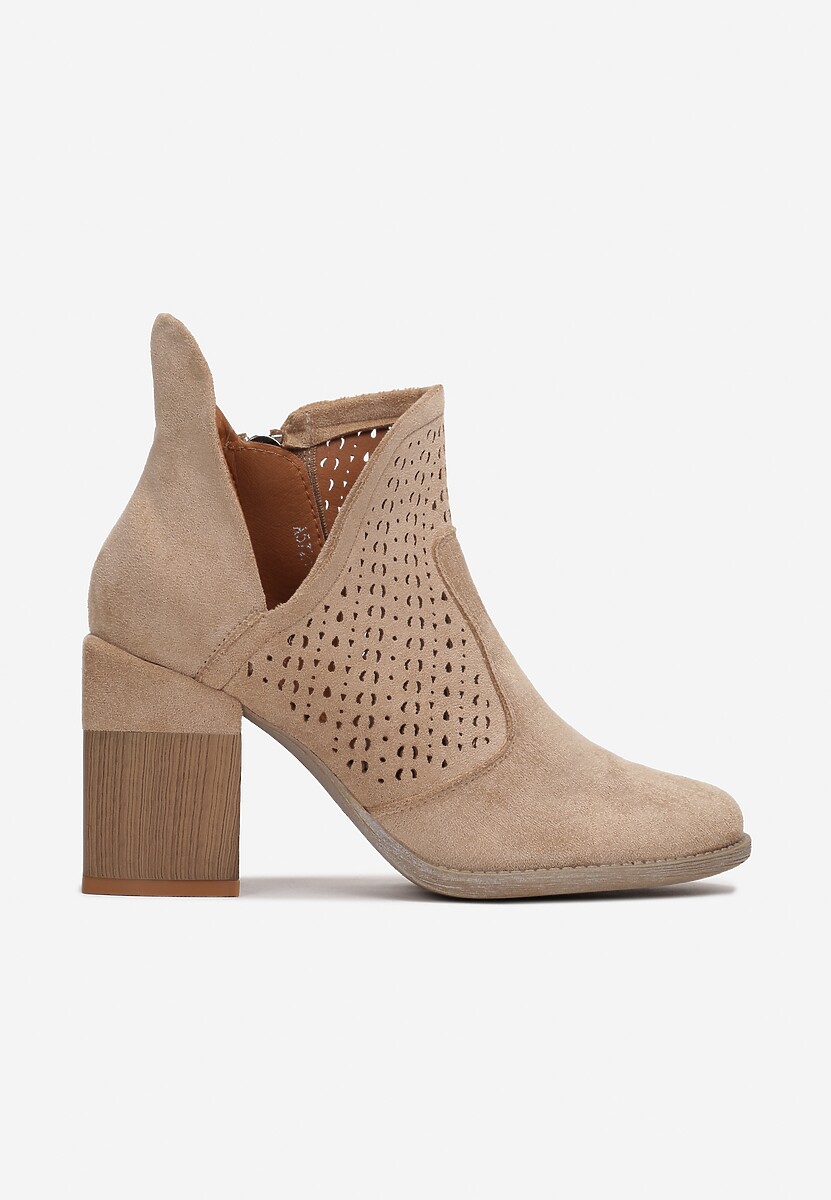 Ciemnobeżowe Botki Ażurowe na Obcasie Deinilea