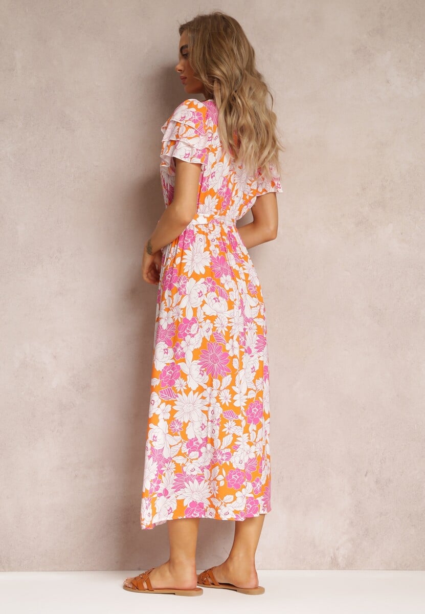 Pomarańczowa Sukienka z Wiskozy w Kwiaty z Wiązanym Paskiem Malore