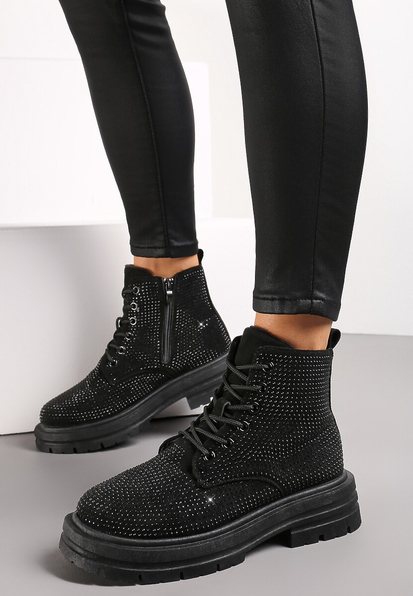 Czarne Wiązane Botki na Grubej Podeszwie w Cyrkonie Celebria