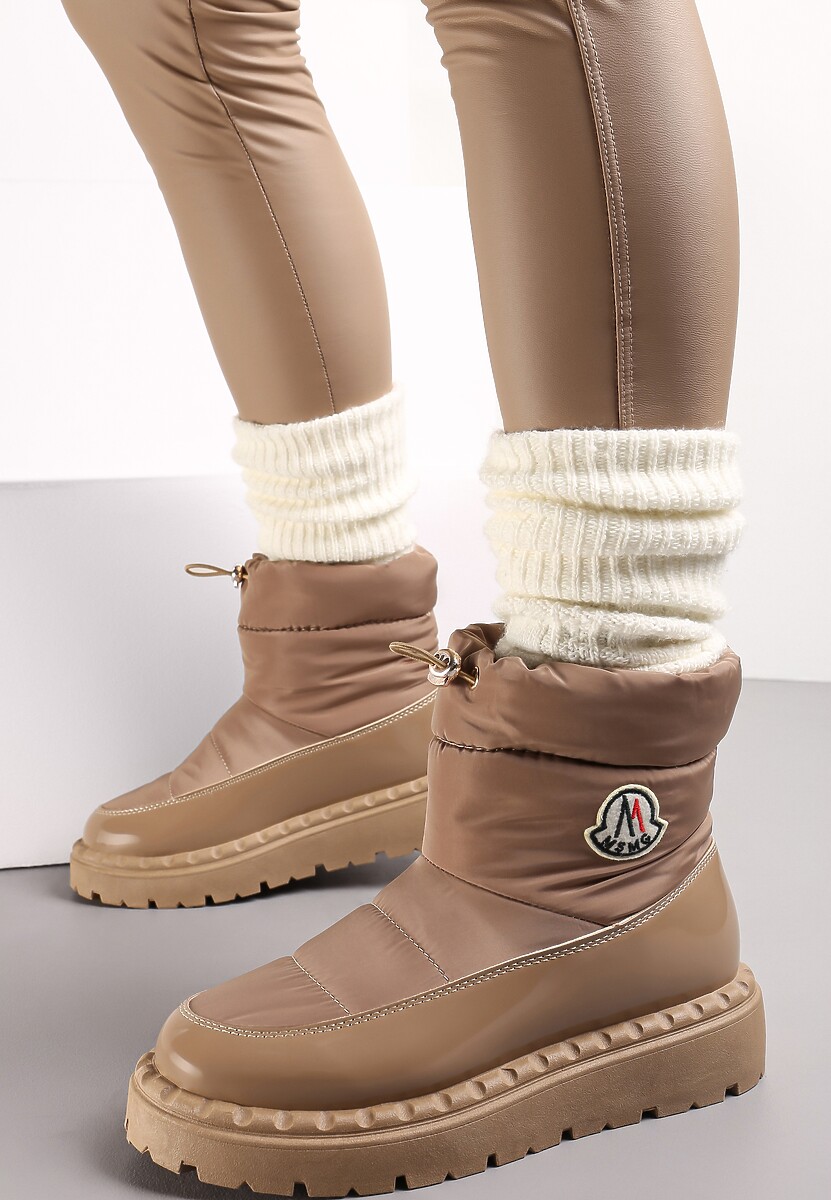 Jasnobrązowe Krótkie Śniegowce na Platformie z Lakierowanymi Wstawkami Goddie