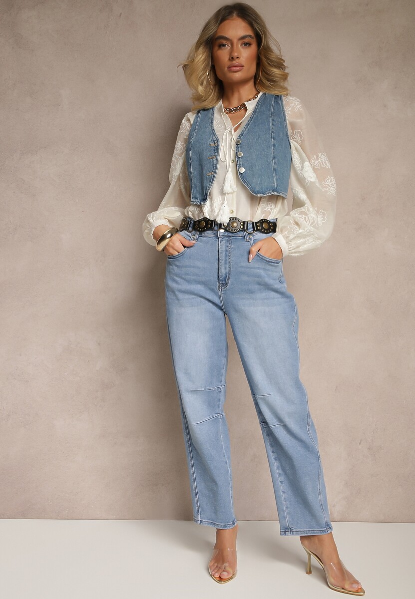 Niebieskie Jeansy Balloon High Waist z Przeszyciami na Wysokości Kolan Nollimi