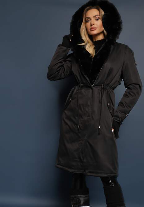 Czarna Długa Kurtka Parka Nylonowa Płaszcz z Futrzanymi Wstawkami Rinale