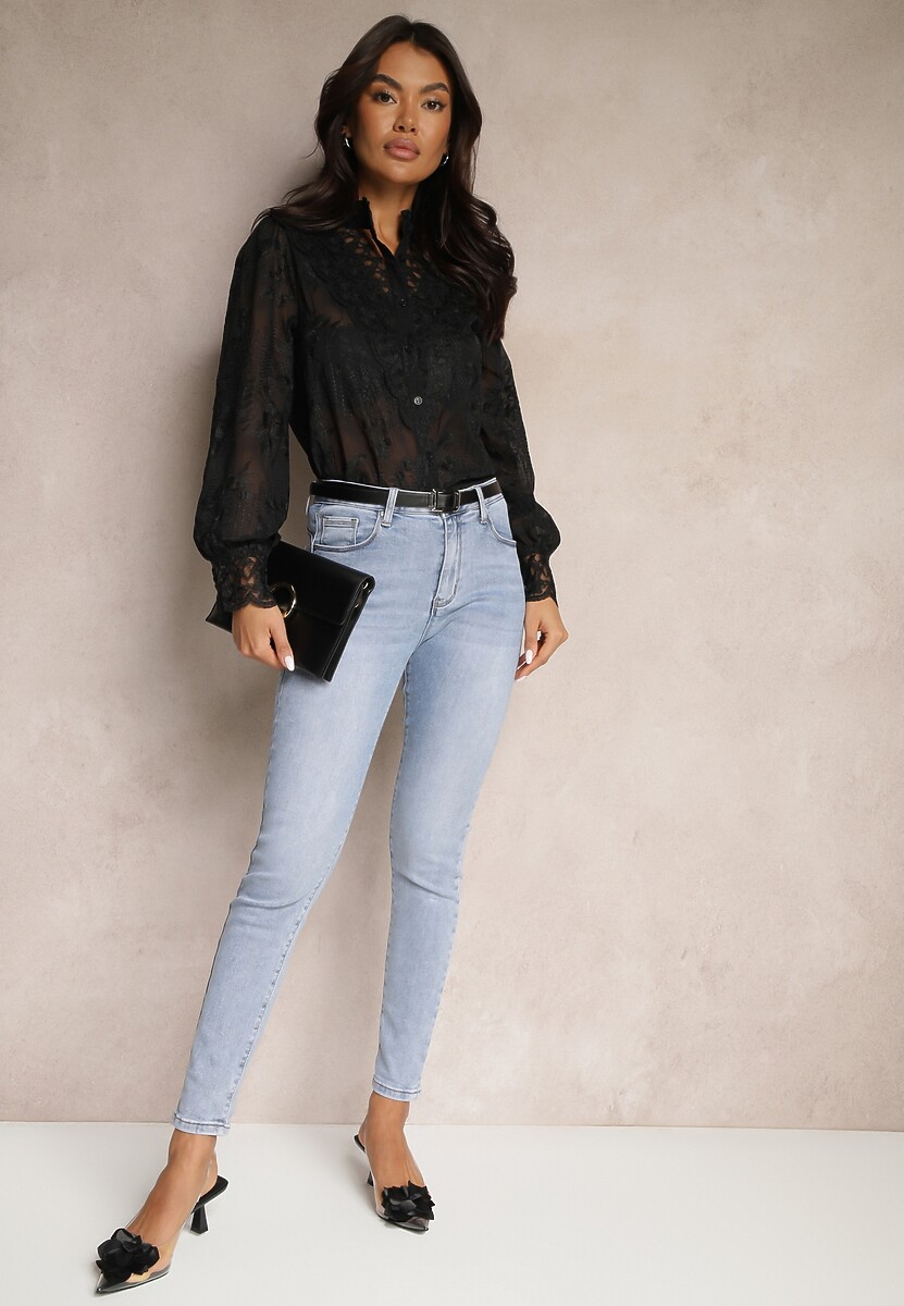 Czarna Koszula z Koronką i Stójką Ozdobiona Eleganckim Haftem Delamaris