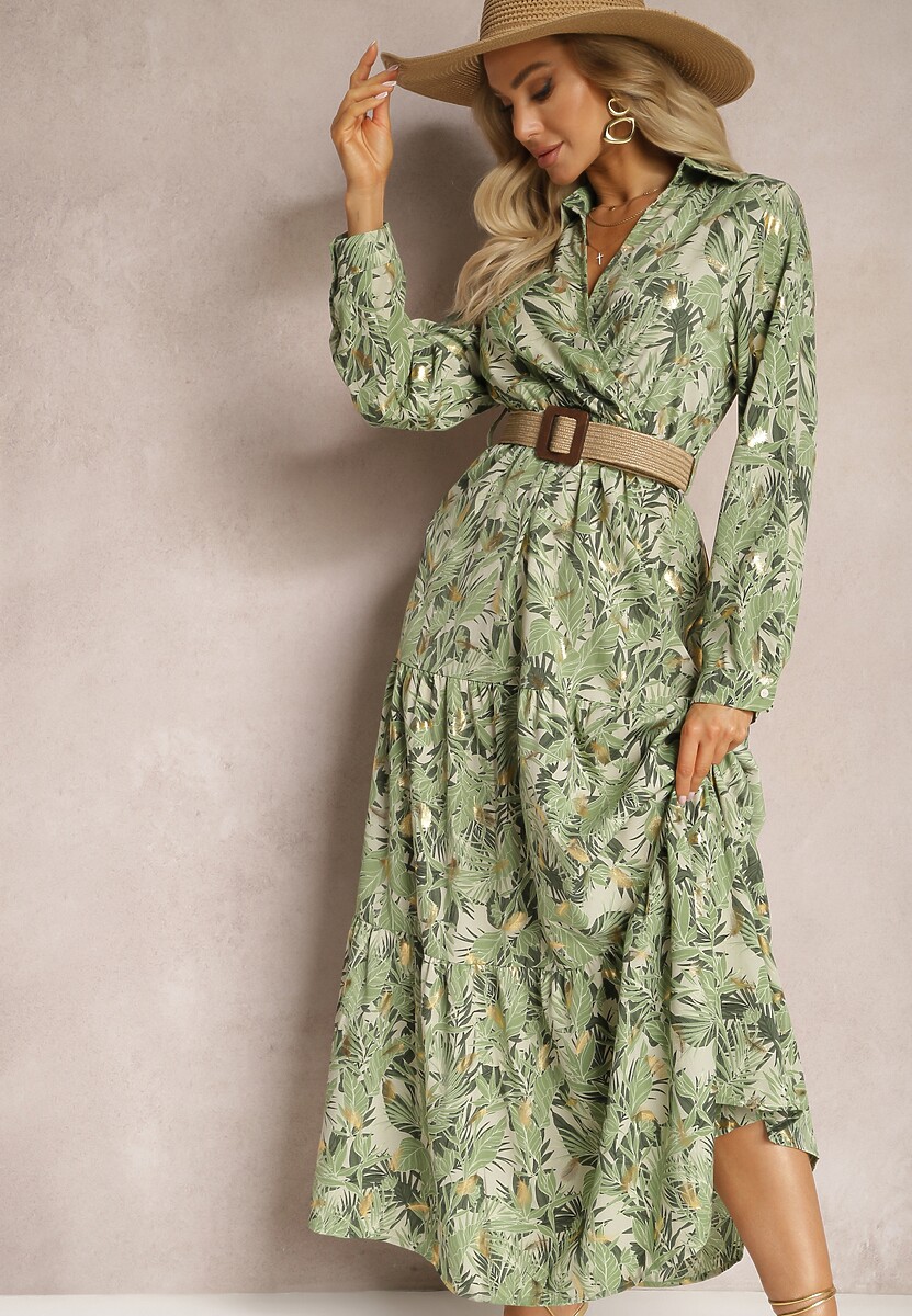 Jasnozielona Sukienka Maxi z Kołnierzykiem i Plecionym Paskiem Pertitus