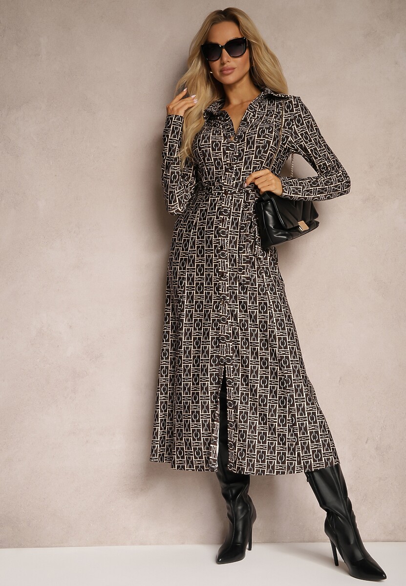 Brązowa Sukienka o Koszulowym Fasonie z Wiązanym Paskiem i Abstrakcyjnym Wzorem Sairina