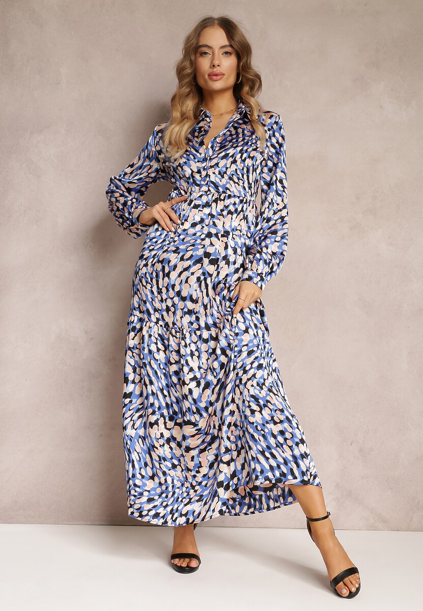 Granatowo-Niebieska Rozkloszowana Sukienka Koszulowa w Fantazyjny Print Alendia