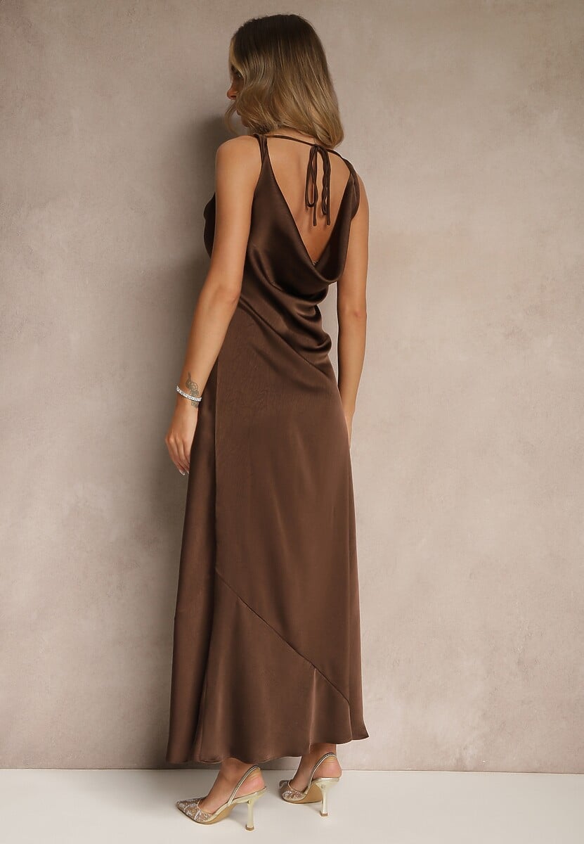 Brązowa Taliowana Sukienka Vices Wiązana przy Karku Zinvea