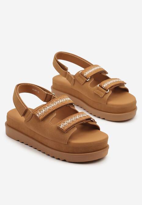 Brązowe Sandały na Niskiej Platformie z Zapięciem na Rzep Zdobione Haftem Soreze