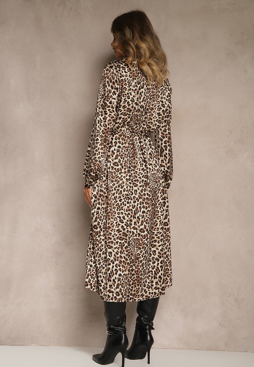 Brązowa Koszulowa Sukienka w Panterkę z Wiązanym Paskiem Ramalli