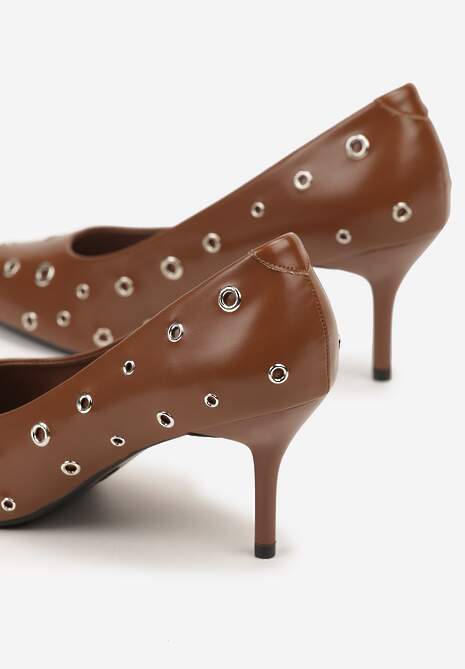 Brązowe Czółenka na Szpilce Vices Ozdobione Nitami z Wkładką ze Skóry Naturalnej Rilinessa