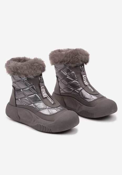 Szare Śniegowce Vices na Platformie z Pikowaną Cholewką i Futerkiem Gemitana