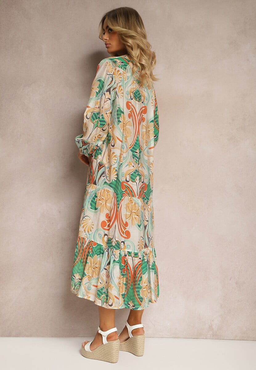 Beżowo-Zielona Sukienka o Rozkloszowanym Kroju z Długim Rękawem i Falbanką Dollati