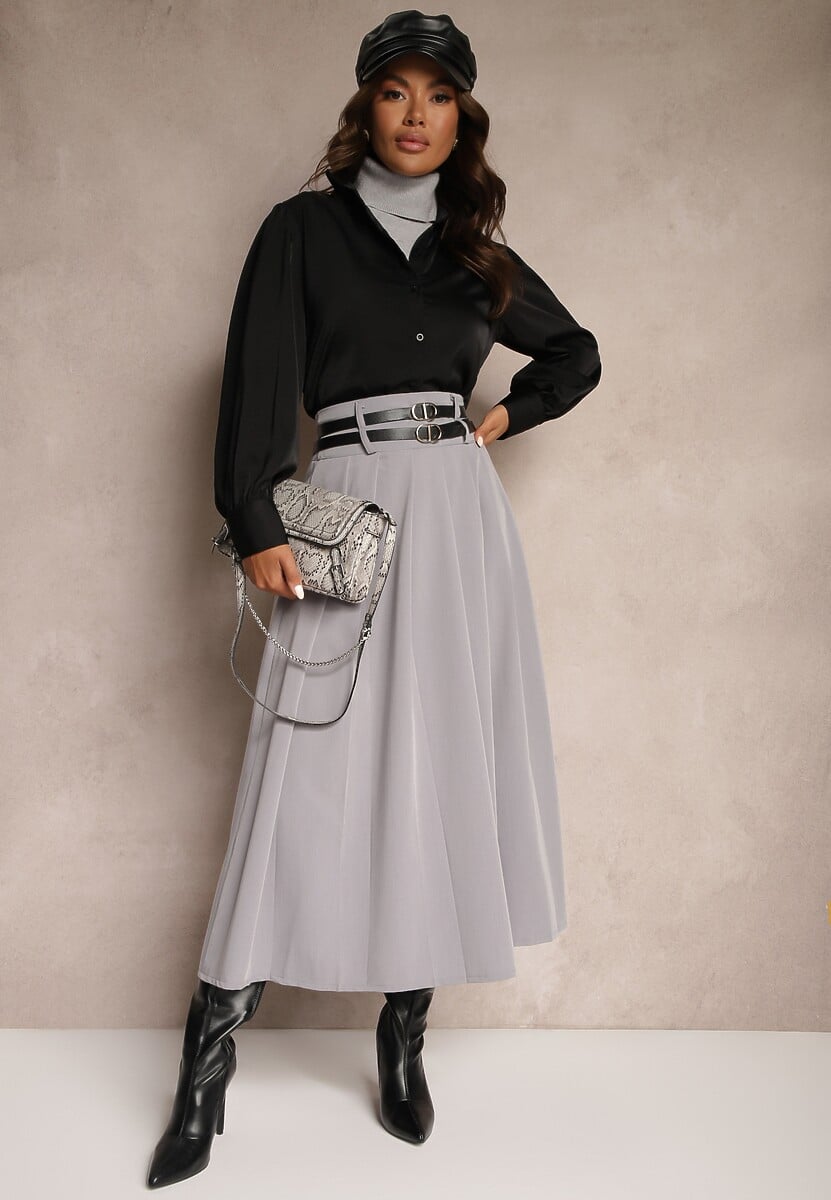 Beżowa Rozkloszowana Spódnica Plisowana z Dwoma Paskami z Klamrami  Jaleara