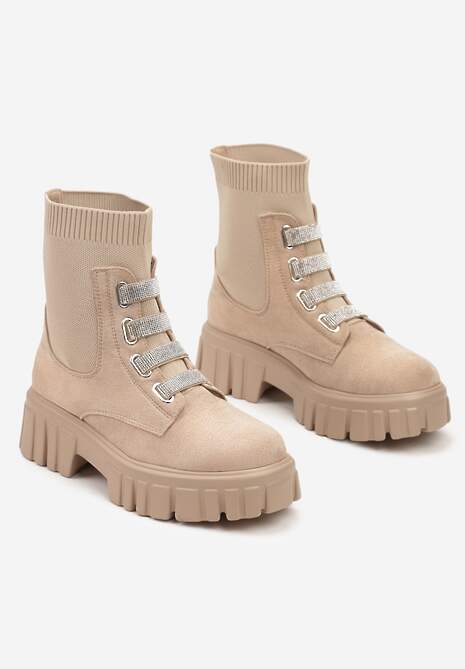 Ciemnobeżowe Botki na Tłoczonej Platformie z Elastyczną Cholewką i Cyrkoniowymi Sznurówkami Venthea