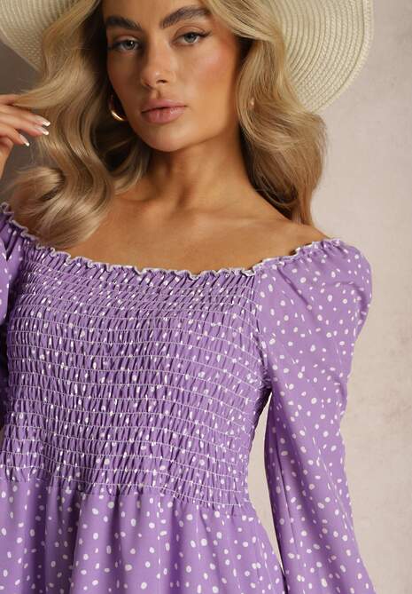 Fioletowa Midi Sukienka Rozkloszowana w Kropki Gernia
