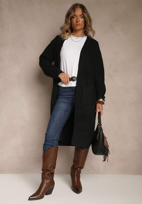 Czarny Długi Kardigan Niezapinany z Bawełną Ferrive