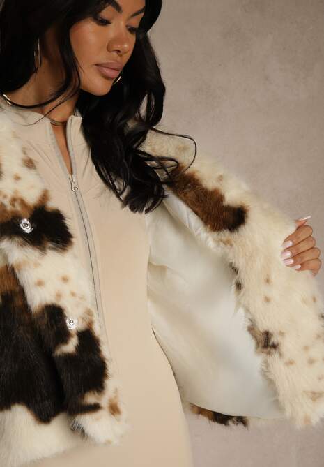 Brązowo-Beżowa Dwurzędowa Kurtka Futerko Oversize Nenalla