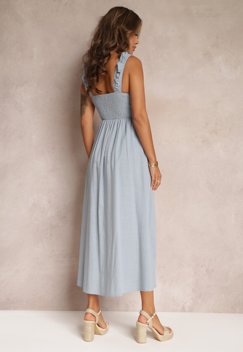 Niebieska Rozkloszowana Sukienka Bawełniana z Kwadratowym Dekoltem Trenna