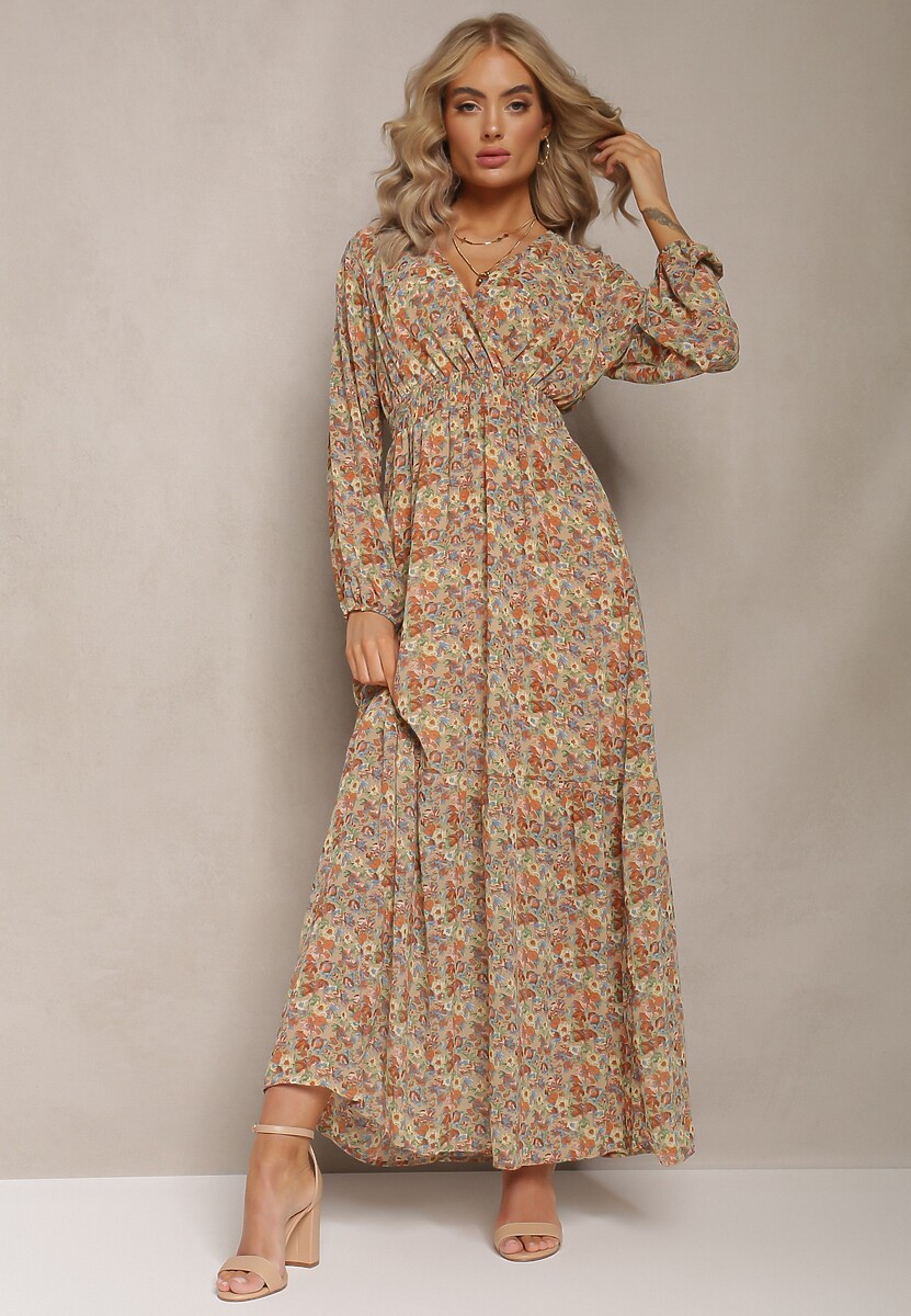 Beżowa Sukienka z Kopertowym Dekoltem i Gumką w Talii Behi