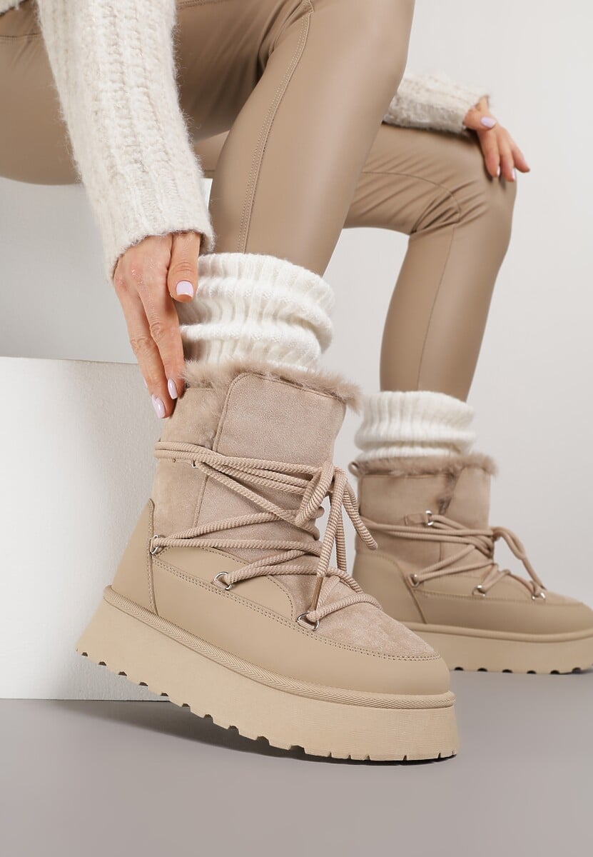 Ciemnobeżowe Śniegowce na Platformie Ozdobione Futerkiem Anwedea