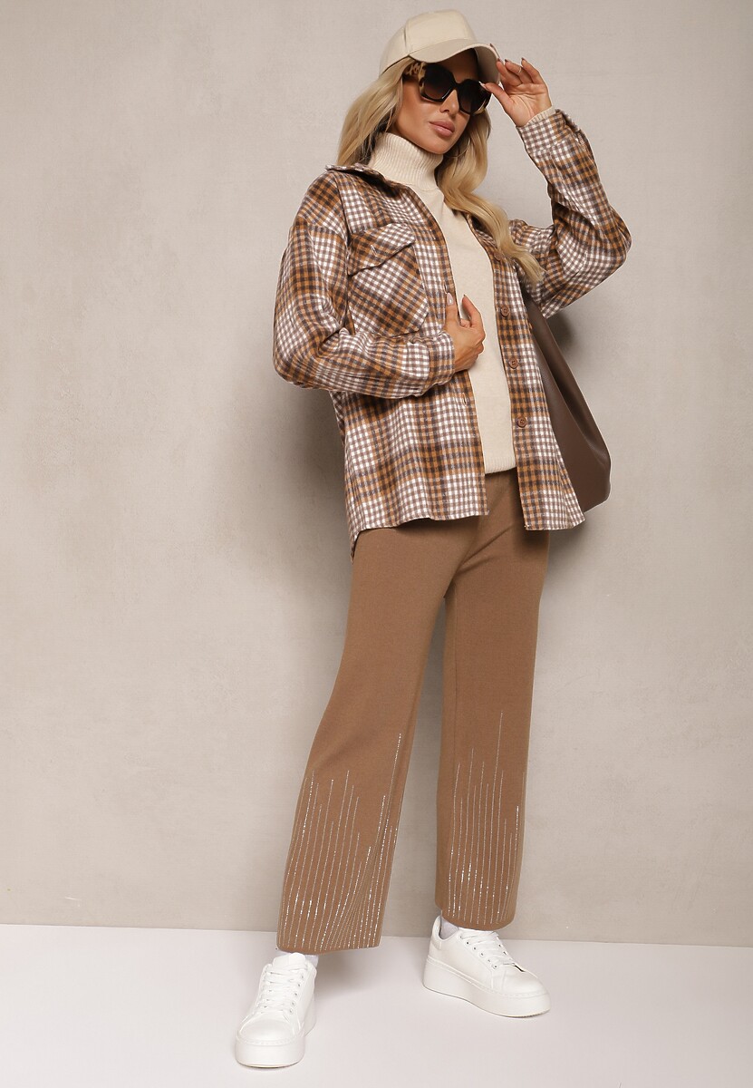 Ciemnozielone Spodnie o Szerokim Kroju High Waist z Cyrkoniami i Gumką w Pasie Loreitha