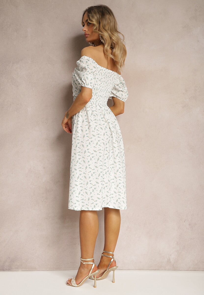 Biało-Miętowa Kwiecista Sukienka z Marszczeniem przy Dekolcie i Gumką w Talii Fripia