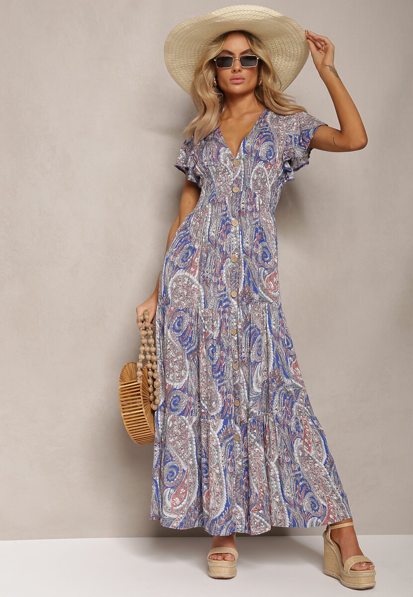 Granatowo-Beżowa Rozkloszowana Sukienka Maxi na Guziki Ozdobiona Etnicznym Wzorem Kleriala